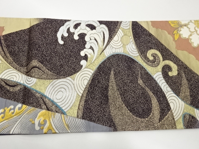  荒波に牡丹・梅模様織出し袋帯